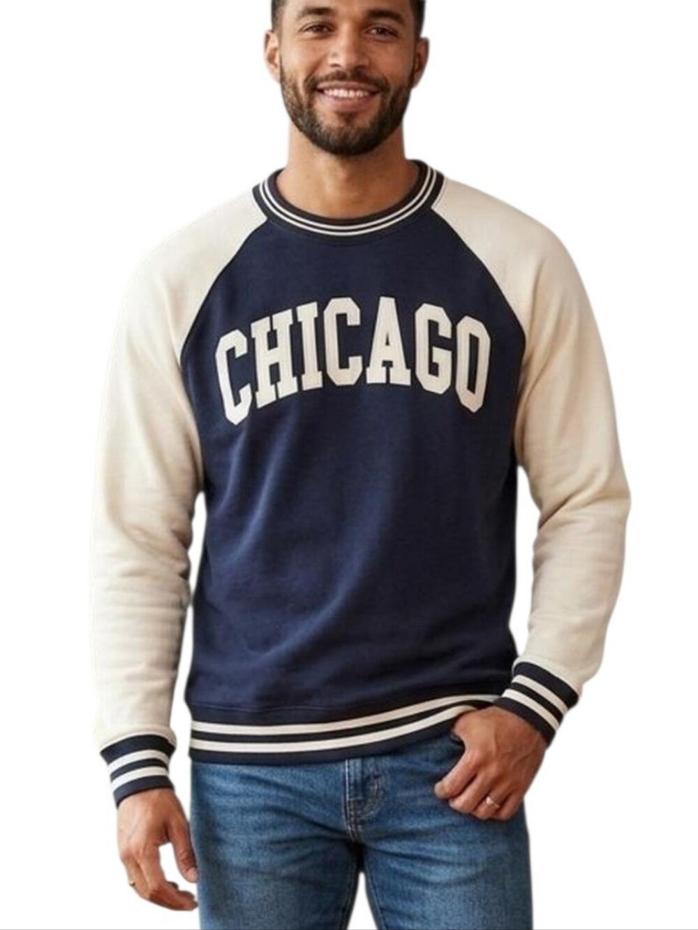 New York Popular Chicago Raglan crewneck sweater  navy & Cream Size L NWT